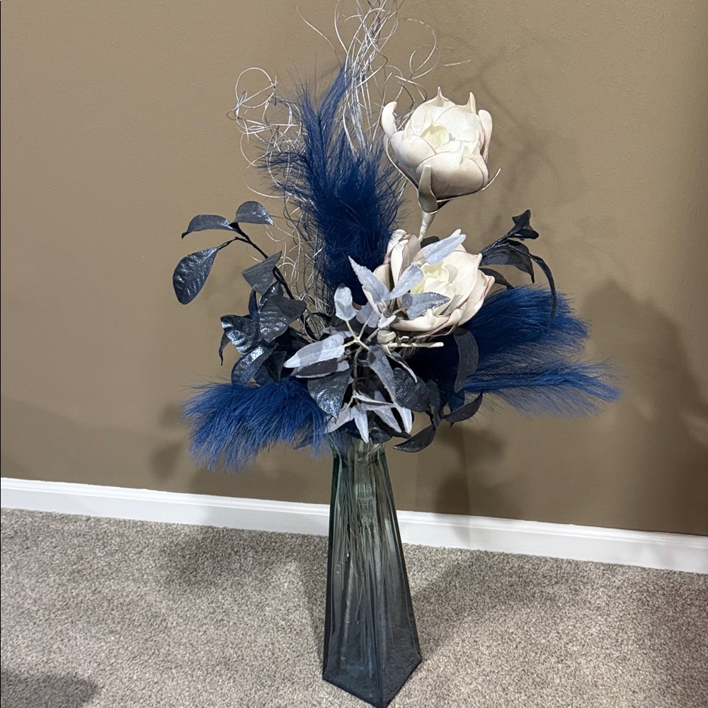 Elegant Blue and White Floral Arrangement in Heavy Glass Vase - over 3 ft tall